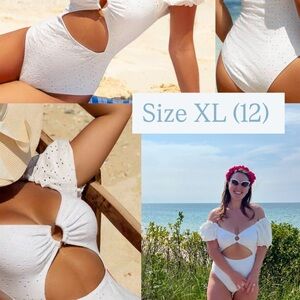 White Textured One Piece Swimsuit with Cut-Out Details